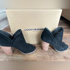 Lucky Brand Black Suede Mules with Wooden Heel